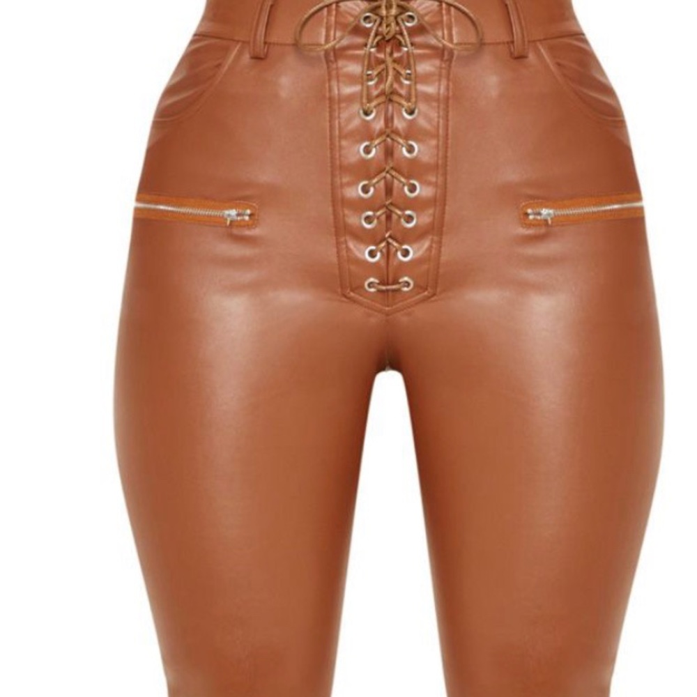 Chocolate Faux Leather Lace Up Front Skinny Pants